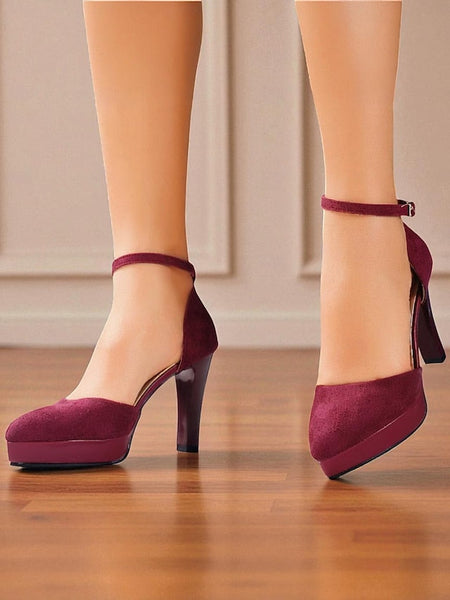 High Heel 1950s Women's Strap Burgundy Ankle Suede Platform FashionChic