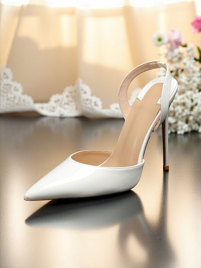 White Pearl-Embellished Slingback Heels Leather Women's - FashionChic