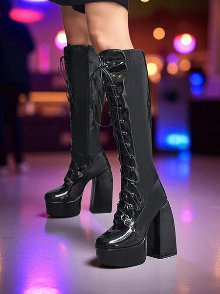 Platform Silver High Metallic Boots - Women's Lace-Up Knee FashionChic