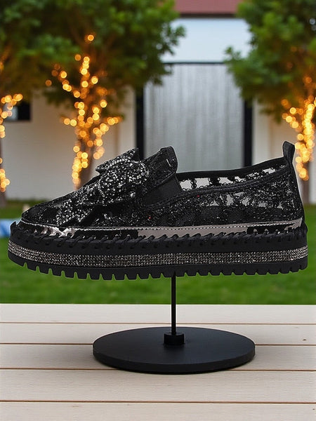 with Black Women's Rhinestone Lace Slip-On Bow Shoes FashionChic