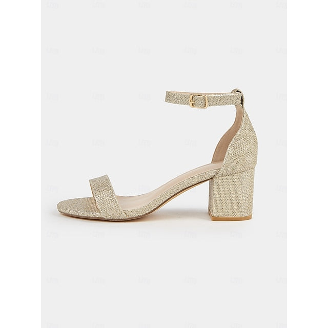 Ankle Stylish Women's Glitter Sandals Heel Gold with Block FashionChic