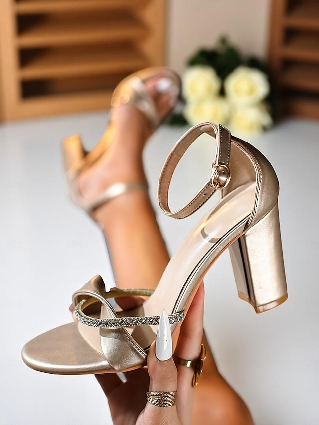 Sandals Ankle Women's Open-Toe Heel PU - Gold Block Strap FashionChic