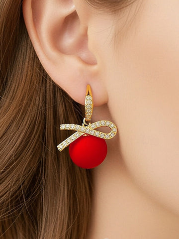 and Rhinestone with Pearl Earrings Christmas Women's Bow FashionChic