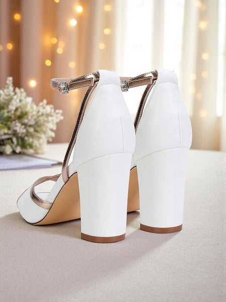 Metallic Sandals with Women's Ankle Heel White Strap Block FashionChic