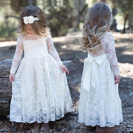 Girl Flower Colored Dress Girls' Long Kids Solid FashionChic