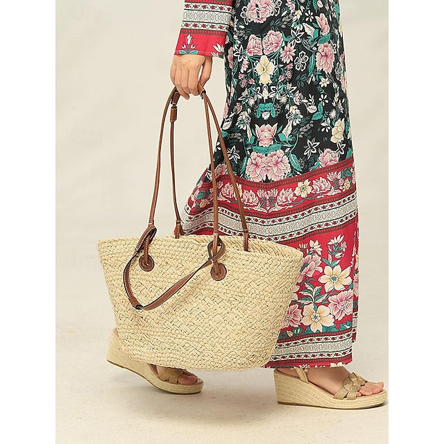 Tote Boho Leather Straps Women's Large Bag Chic Straw with FashionChic