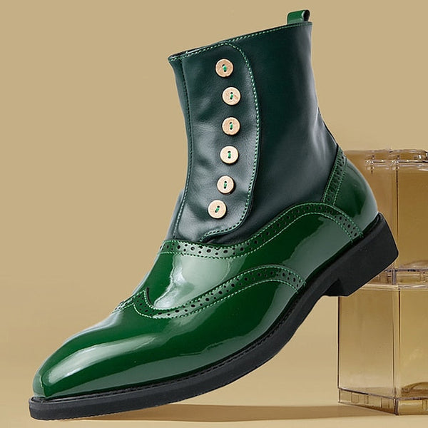 - Leather Button Boots Green Stylish Wingtip Vintage Men's FashionChic