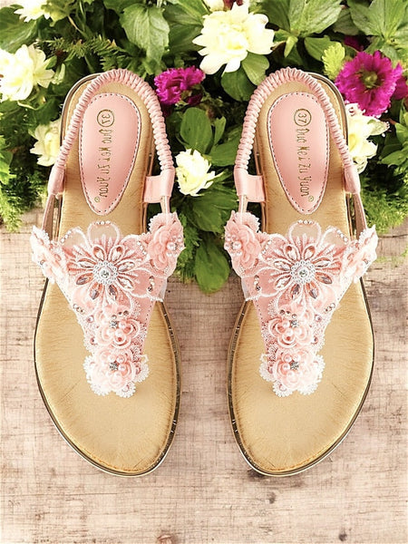– Lace Women's Embellished Pink Floral Sandals T-Strap FashionChic