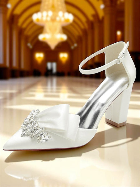 Block Crystal Pumps Bow Satin with Heel and Women's FashionChic