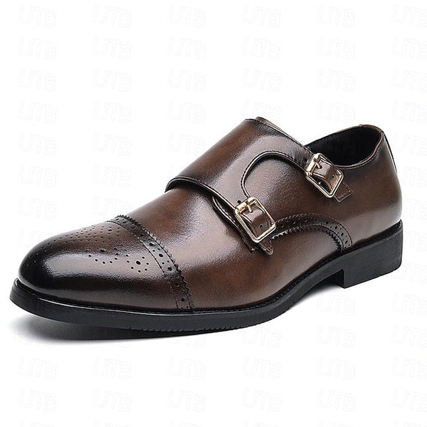 Double Men's Shoes Monk Strap Faux Brown with Dress Leather FashionChic