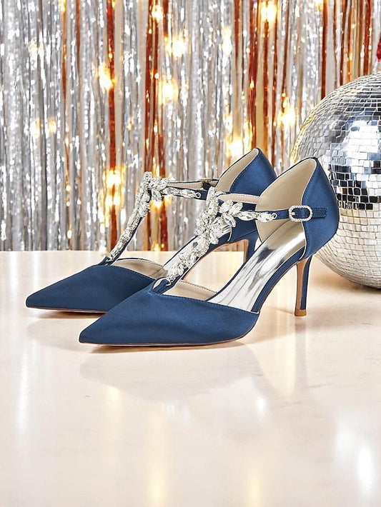Pointed Women's Heels – Navy Blue Satin Toe T-Strap FashionChic