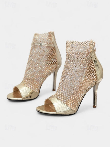Glitter Sandals Women's Mesh Open-Toe Stiletto – Gold FashionChic