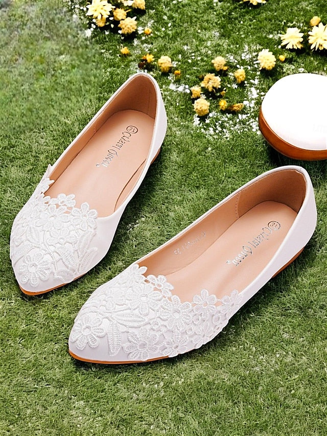 White – Elegant Women's Flats Lace Ballet Brides for FashionChic