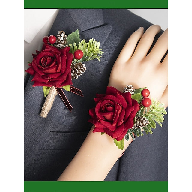 and Corsage Set Red Boutonniere Christmas Rose Women's FashionChic