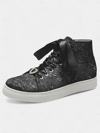 with Ivory Sneakers Satin Wedding Women's Laces Lace Ribbon FashionChic