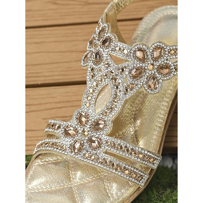 T-Strap Sandals Women's Silver Boho Rhinestone Flat – FashionChic