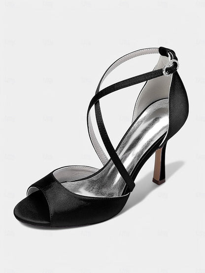 Elegant Heels Peep-Toe Women's White – Satin Cross-Strap FashionChic