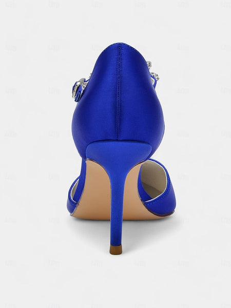 Heels Satin Blue Navy Toe – Pointed Women's T-Strap FashionChic