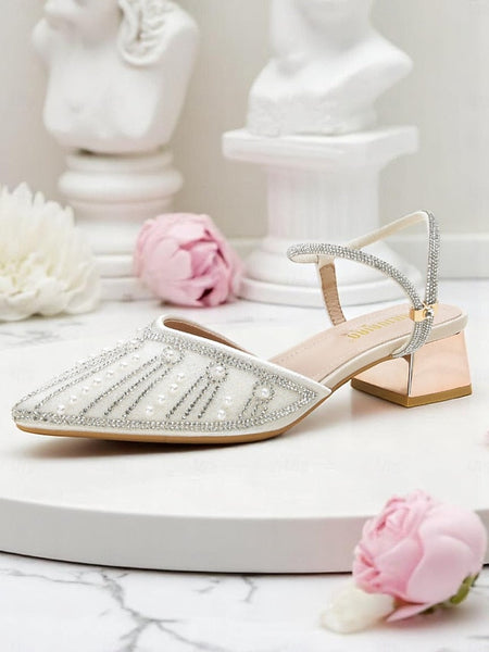 Women's Block and Toe with Pointed Pearl Heels Ivory FashionChic