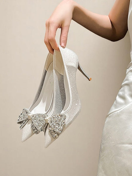 Glitter Women's with High Rhinestone Bow Heels FashionChic