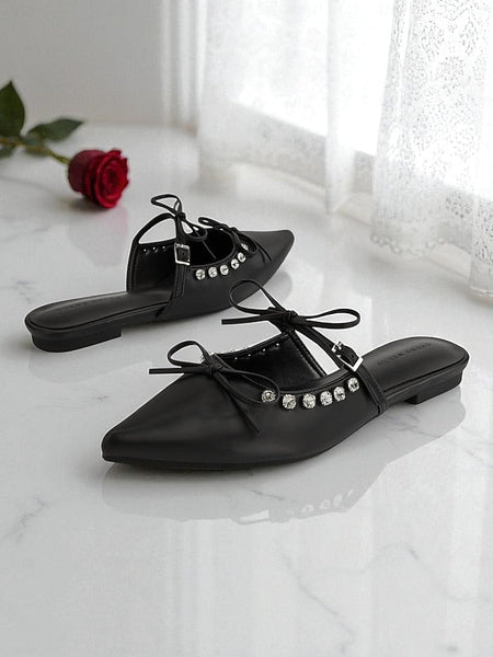 Pointed with Toe Flats Black Women's Rhinestone FashionChic