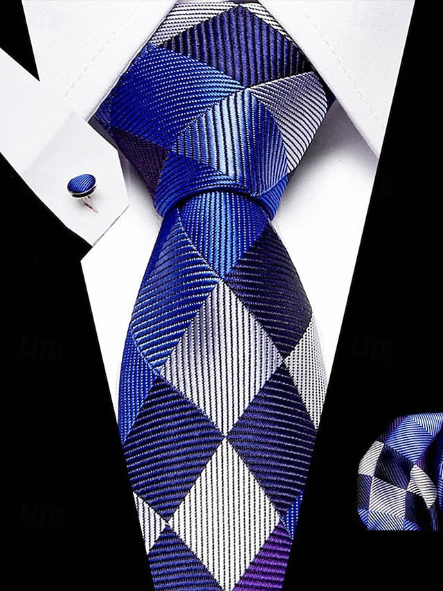 and Square Checkered Men's Pocket Purple Silk Tie – Set FashionChic
