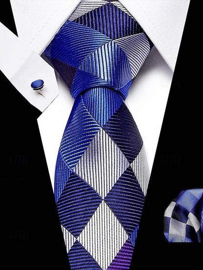 and Square Checkered Men's Pocket Purple Silk Tie – Set FashionChic