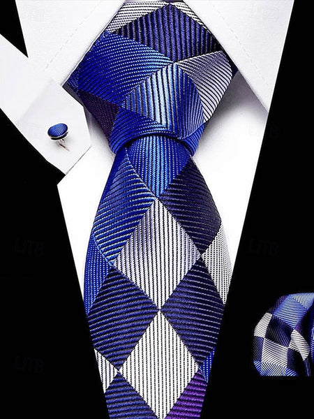 and Square Checkered Men's Pocket Purple Silk Tie – Set FashionChic