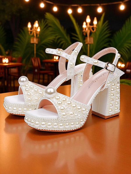 White Embellished Block Women's Platform Pearl Heel Sandals FashionChic
