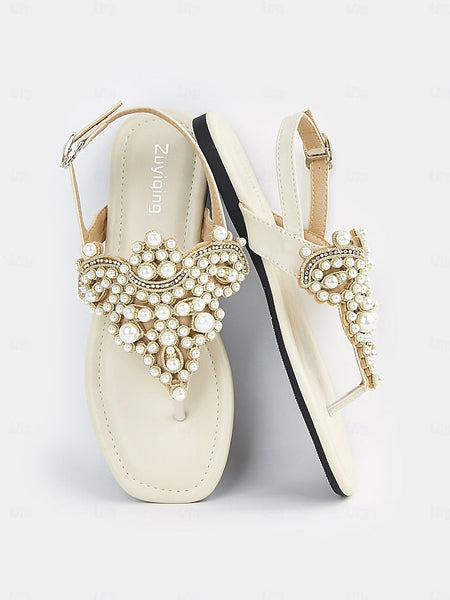 Sandals Pearl-Embellished Women's Elegant – T-Strap Flat FashionChic