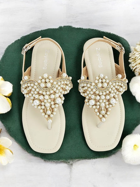 Sandals Pearl-Embellished Women's Elegant – T-Strap Flat FashionChic