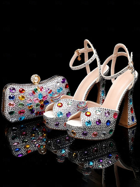 with Heel Women's Matching Rhinestone Platform Sandals High FashionChic