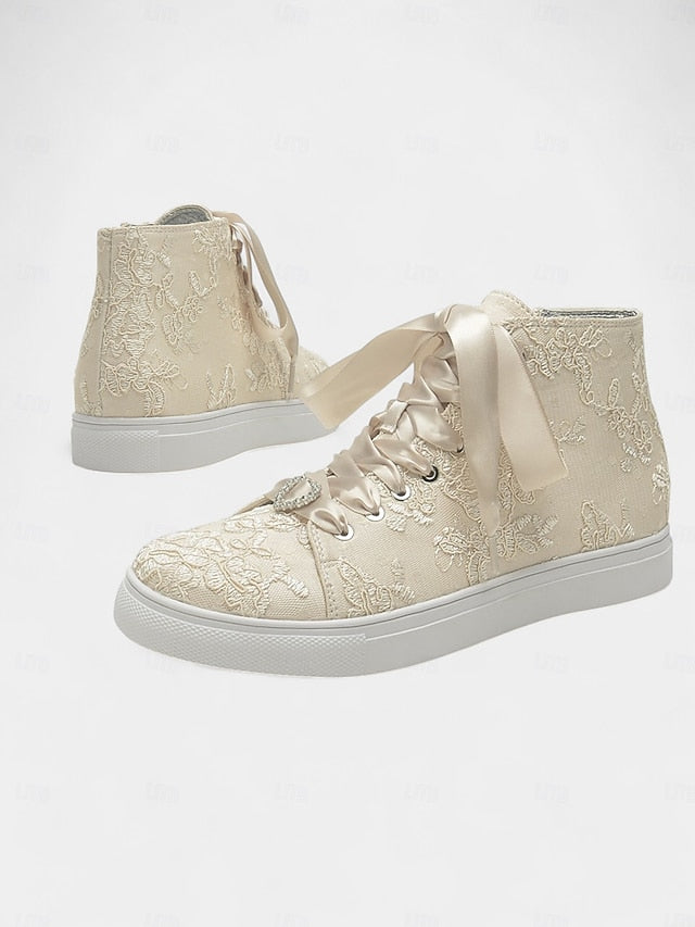 with Ivory Sneakers Satin Wedding Women's Laces Lace Ribbon FashionChic