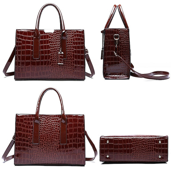 Women's Black Patent Crocodile Leather Pattern Handbag with FashionChic