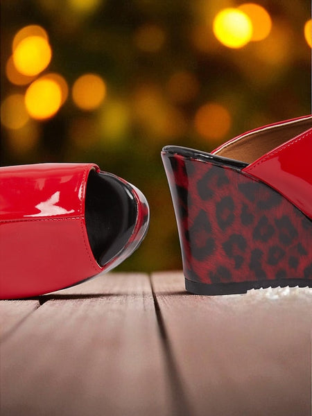 - Wedge Leather Sandals Toe Peep Leopard Red Women's Patent FashionChic
