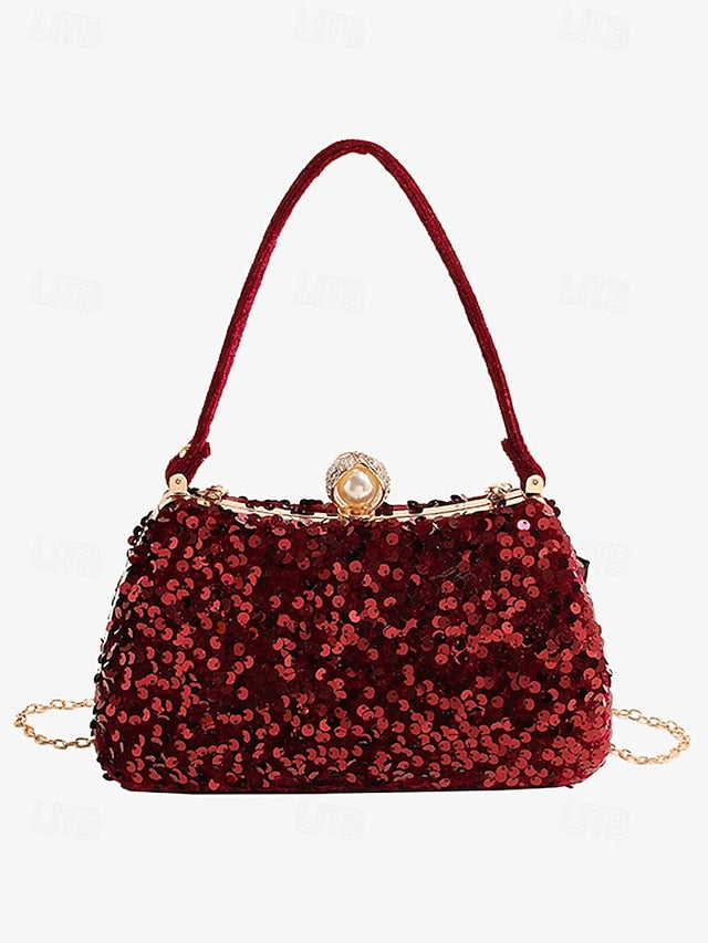 – Women's Evening Pearl Accent Sequin Black Clutch with FashionChic