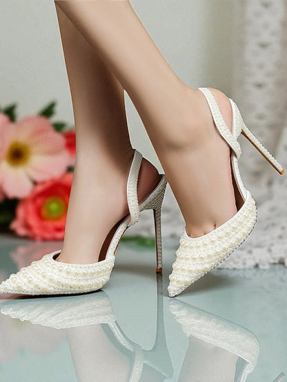 Women's Leather Pearl-Embellished - White Heels Slingback FashionChic