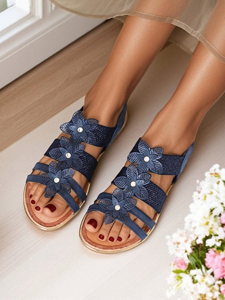 Sandals Women's Rhinestone Floral – Flat Elegant Beige FashionChic