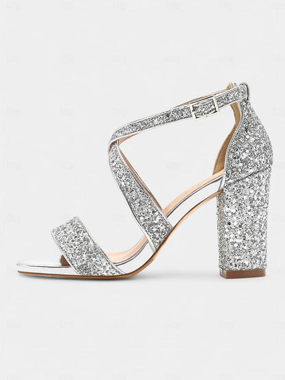 Women's Block Sandals Gold Heel Glitter FashionChic