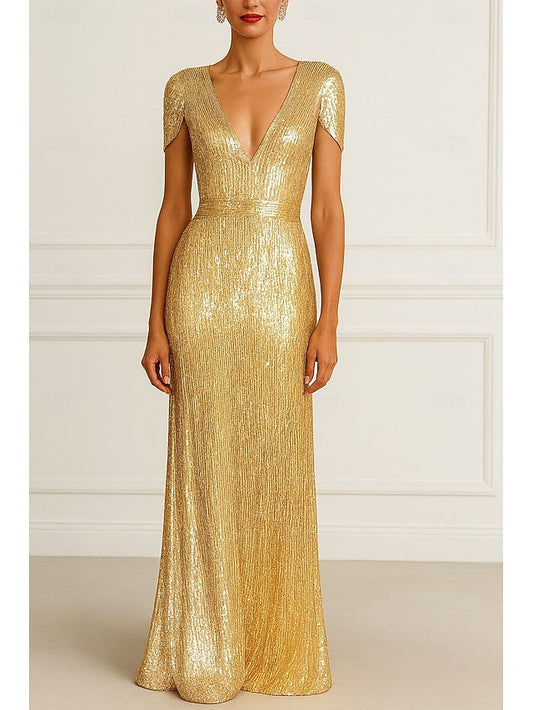 Column Wedding Elegant Gold Evening Gown Dress Black Formal FashionChic