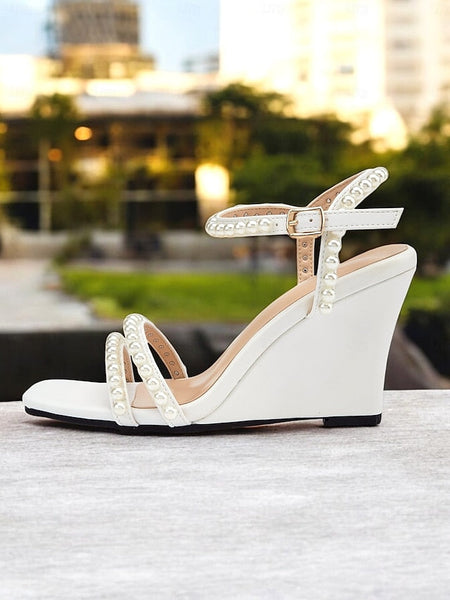 Pearl-Embellished Elegant Heels – Open-Toe Wedge Women's FashionChic