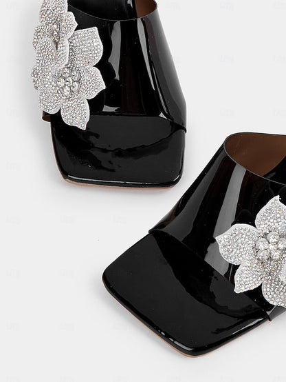 Black Flower with Women's Rhinestone Mules Leather Patent FashionChic
