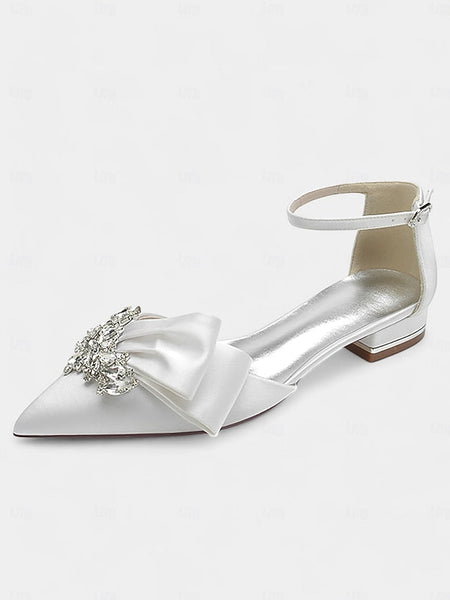 Rhinestone Pointed-Toe and White with Satin Ankle Bow Heels FashionChic