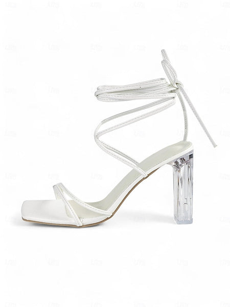 Lace-Up with Women's Strappy Heel White Block Heels Clear FashionChic