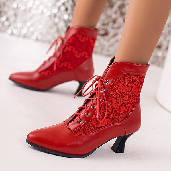 White Ankle Lace-Up Embroidered with Boots Women's Panels FashionChic