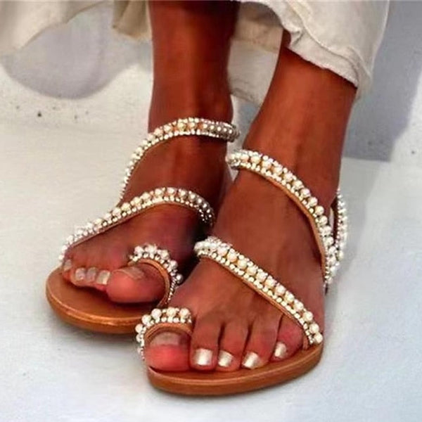 Elegant Pearl-Embellished Sandals – Flat Women's Strappy FashionChic