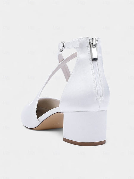Satin - Block Pointed Toe Women's Heels Elegant Ivory FashionChic