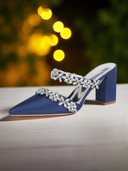 Floral Women's with Satin Block Heel Rhinestone Mules Black FashionChic