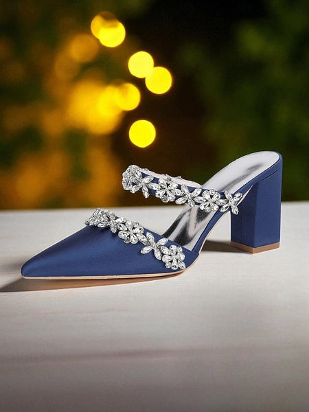 with Heel Mules Satin Floral Block Women's Black Rhinestone FashionChic