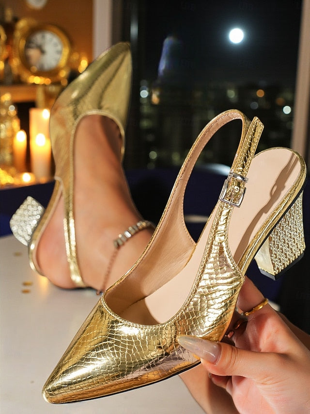 with Block - Pointed Heel Women's Pumps Toe Gold Slingback FashionChic